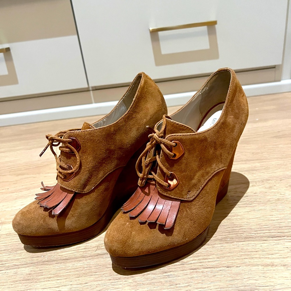 Michael Kors brown suede platform wedge with tassels